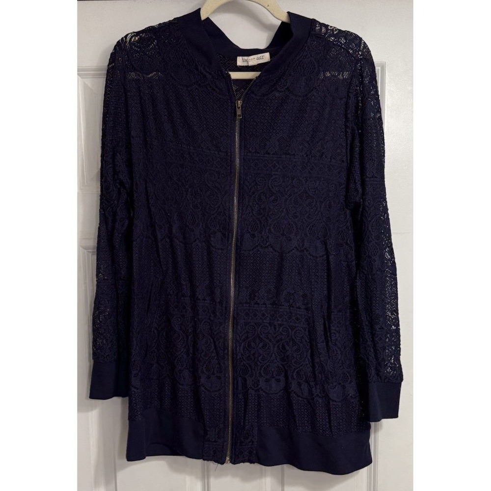 Lace Jacket Sz 2X Full Zip Blue Long Sleeve Floral Sheer Mesh Pockets Embroidery